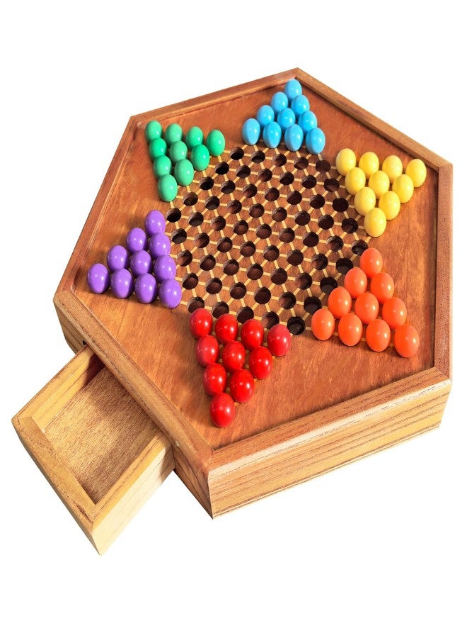 HOLYKING 12.6 Inchs Wooden Chinese Checkers with Drawer-Traditional Board Game with Set of 16mm 60+12 Colorful Acrylic Marbles, Classic Strategy Family Game for up to 6 Players - Image 1